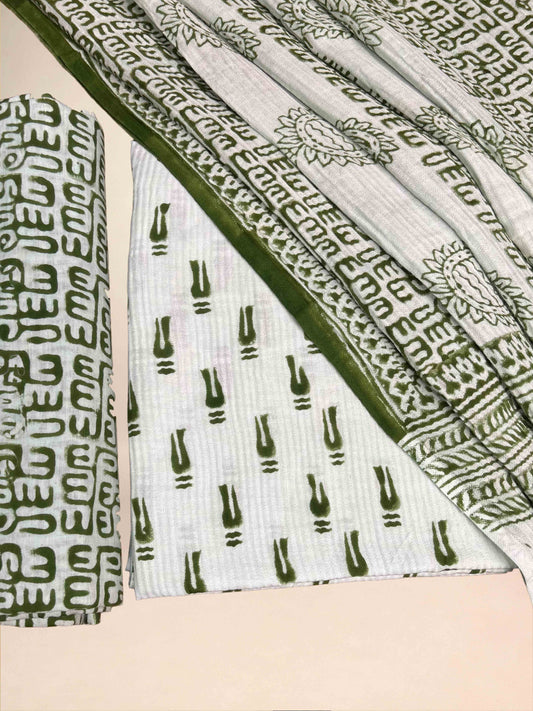 Emerald Green Pashmina Handblock Printed Cotton Suit Set
