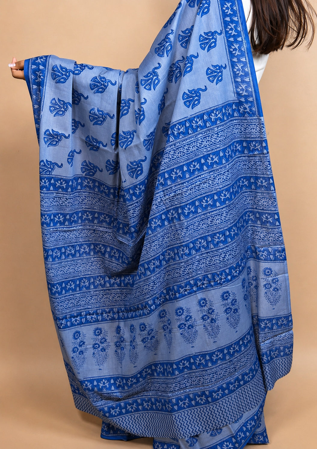 Pastel Poetry Handblock Printed Cotton Saree Blue