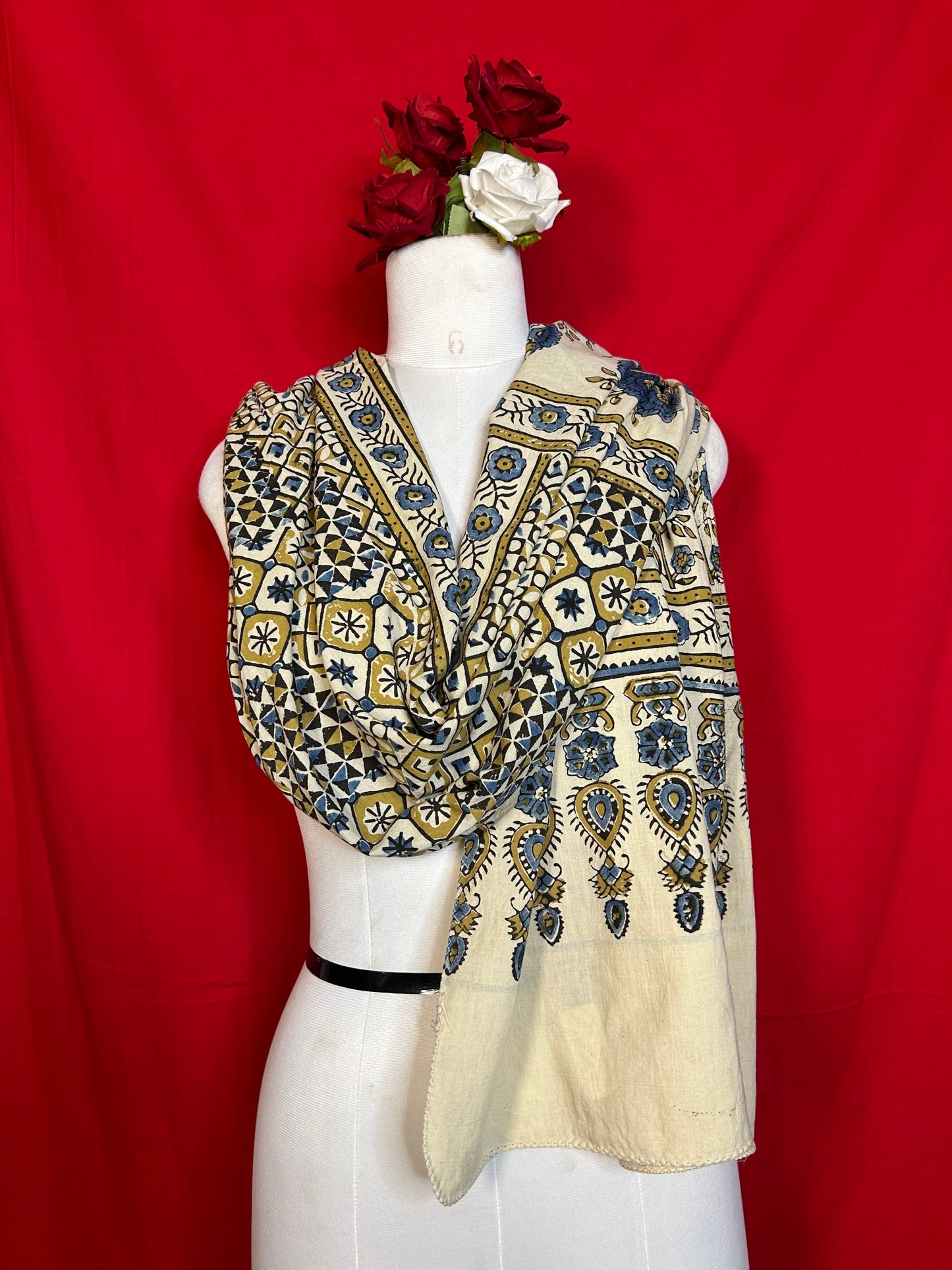 Premium Ajrakh Cotton Stole in Ivory and Blue with Authentic Indian Handblock Printing