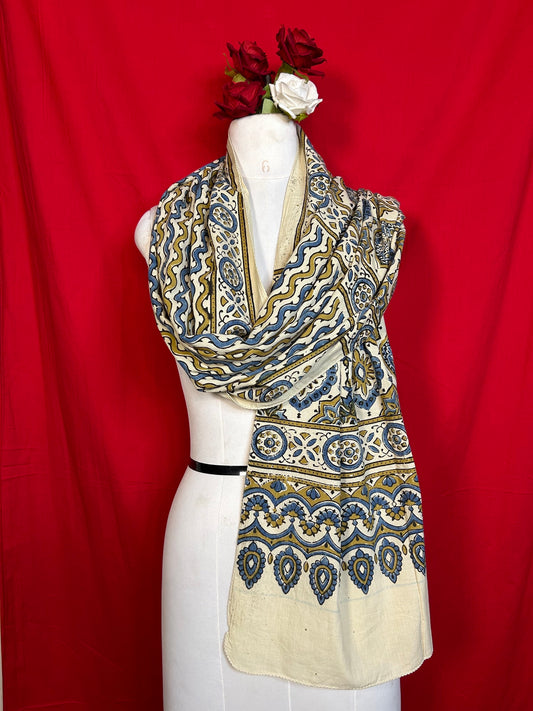 Premium Ajrakh Cotton Stole with Blue Floral and Geometric Handblock Print