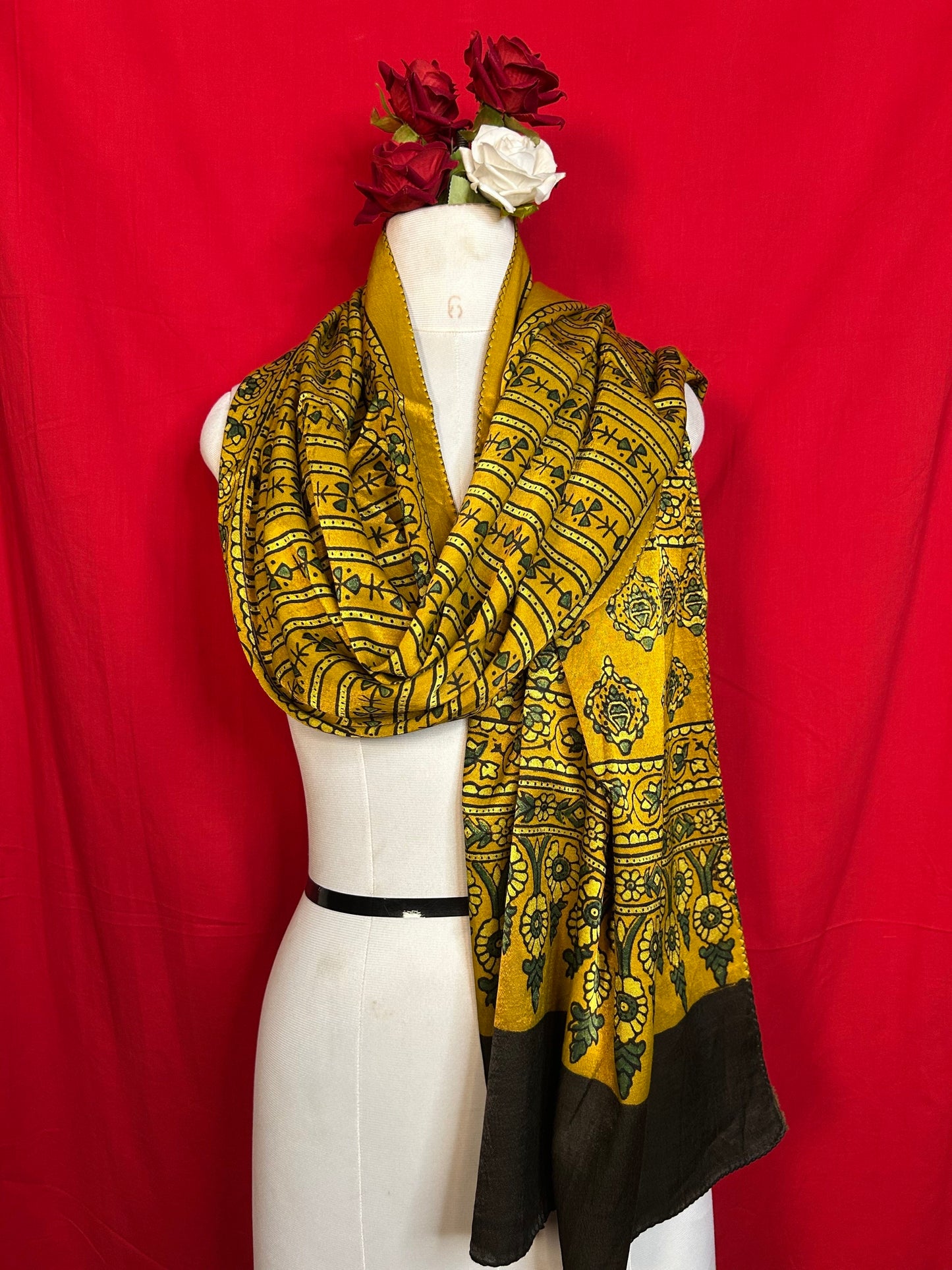 Premium Ajrakh Gaji Silk Stole with Mustard Yellow Floral and Geometric Ethnic Design