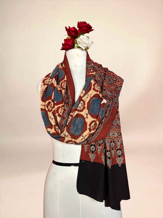 Rust brown Ajrakh Handblock Printed Cotton Stoles