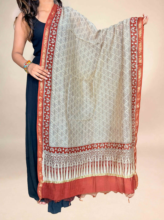 Rust Red Saudagiri Chanderi Handblock Printed Dupatta