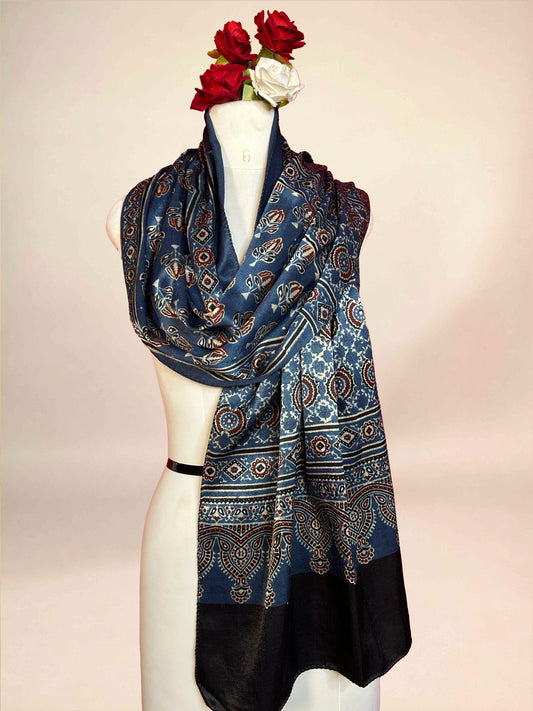 Slate Blue Ajrakh handblock printed Gaji stoles