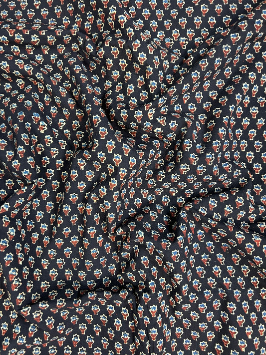 Multicolor Super Ajrakh Handblock Printed Cotton Fabric | Black