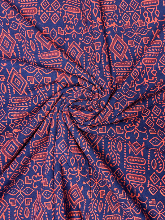 Multicolor Discharge Hand Print Cotton Fabric | Navy Blue