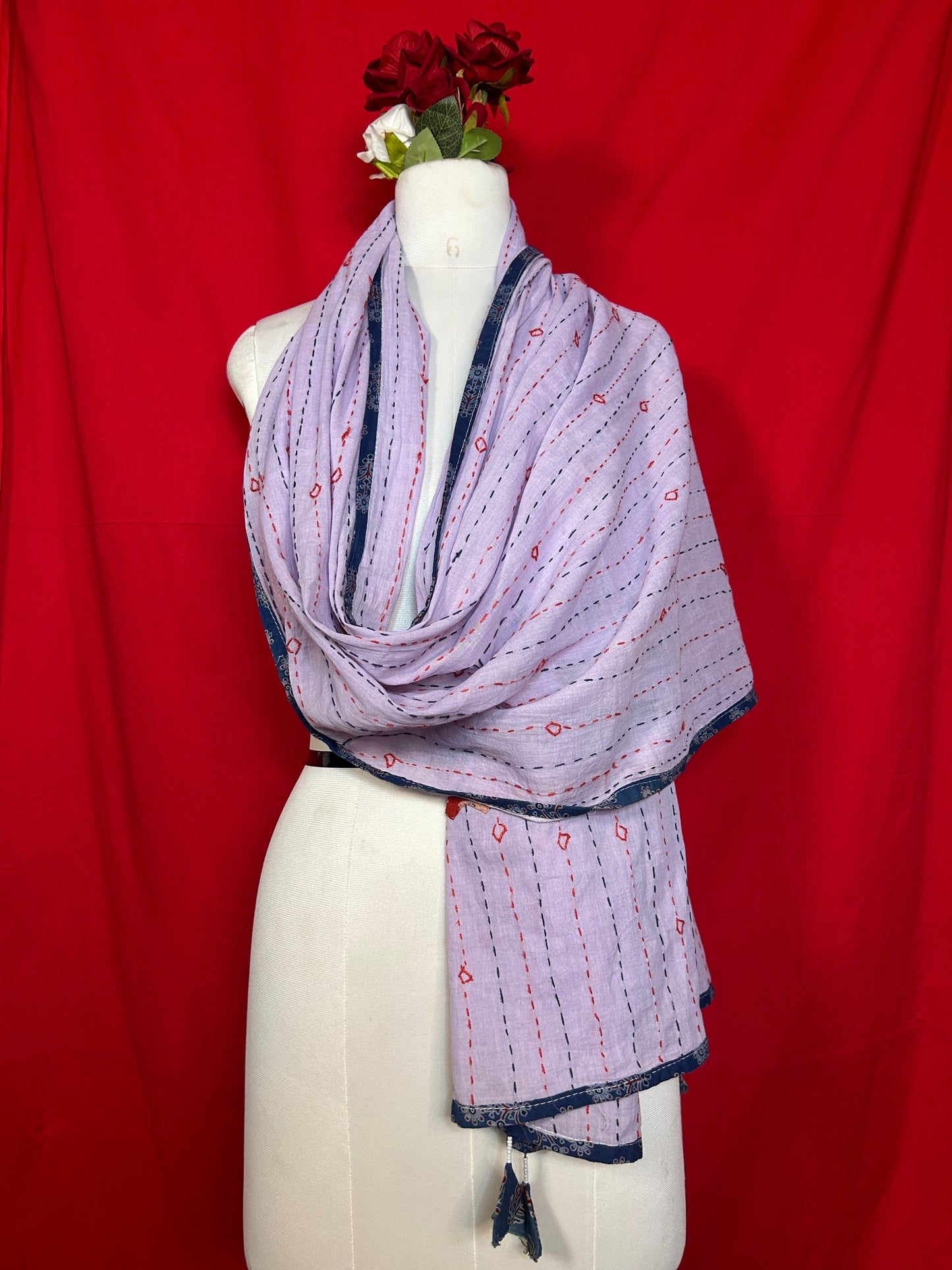 Traditional Kantha Patchwork Cotton Dupatta in Light Purple Color for Ethnic Wear