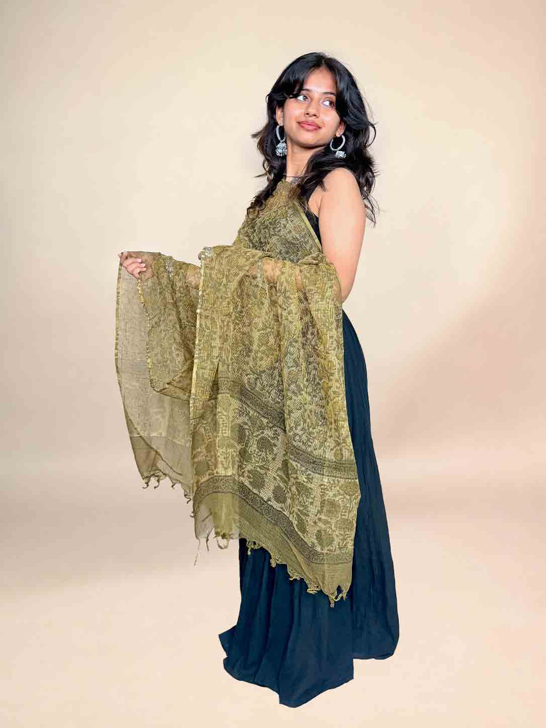 Chartreuse Green Kota Handblock Printed Dupatta