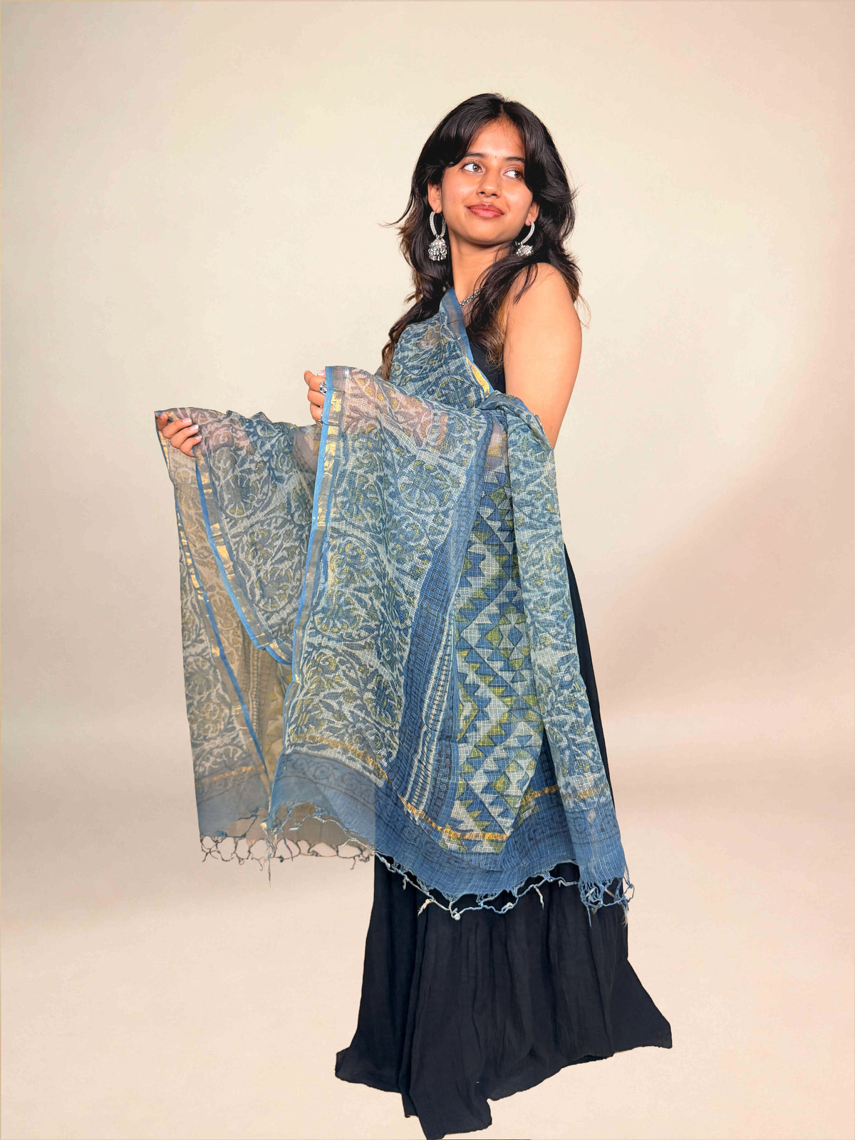 Blue Vanaspati Kota Handblock Printed Dupatta