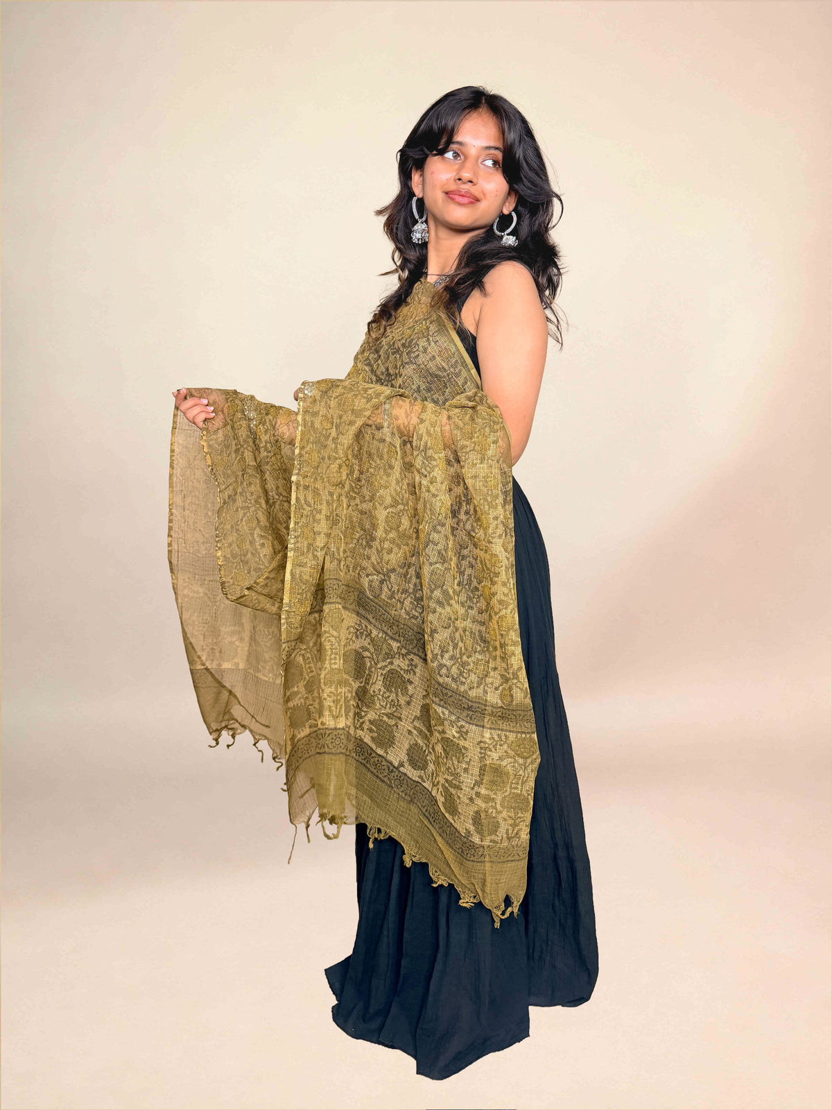 Olive Khaki Vanaspati kota Handblock Printed Dupatta