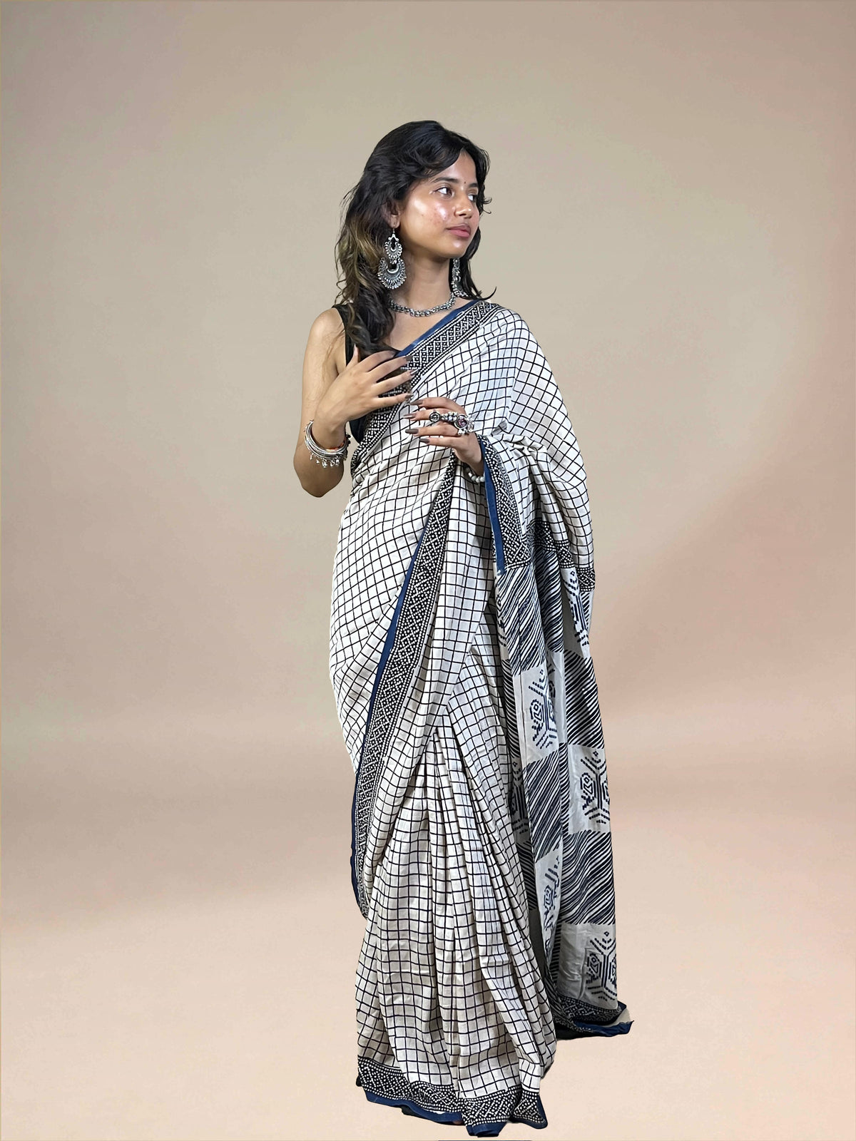 White Fakira Assam Silk Handblock Printed Saree