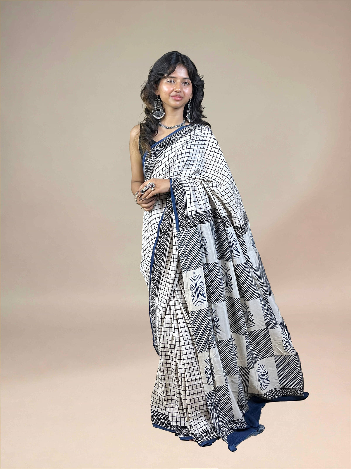 White Fakira Assam Silk Handblock Printed Saree