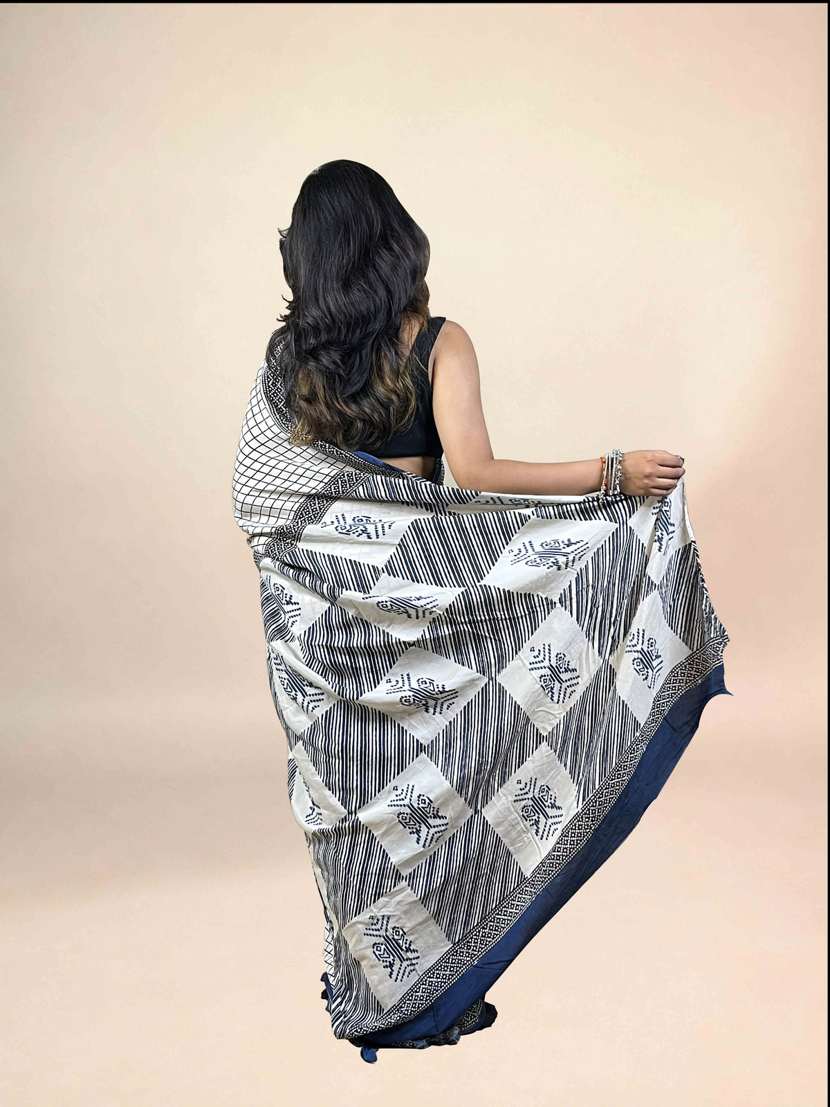 White Fakira Assam Silk Handblock Printed Saree