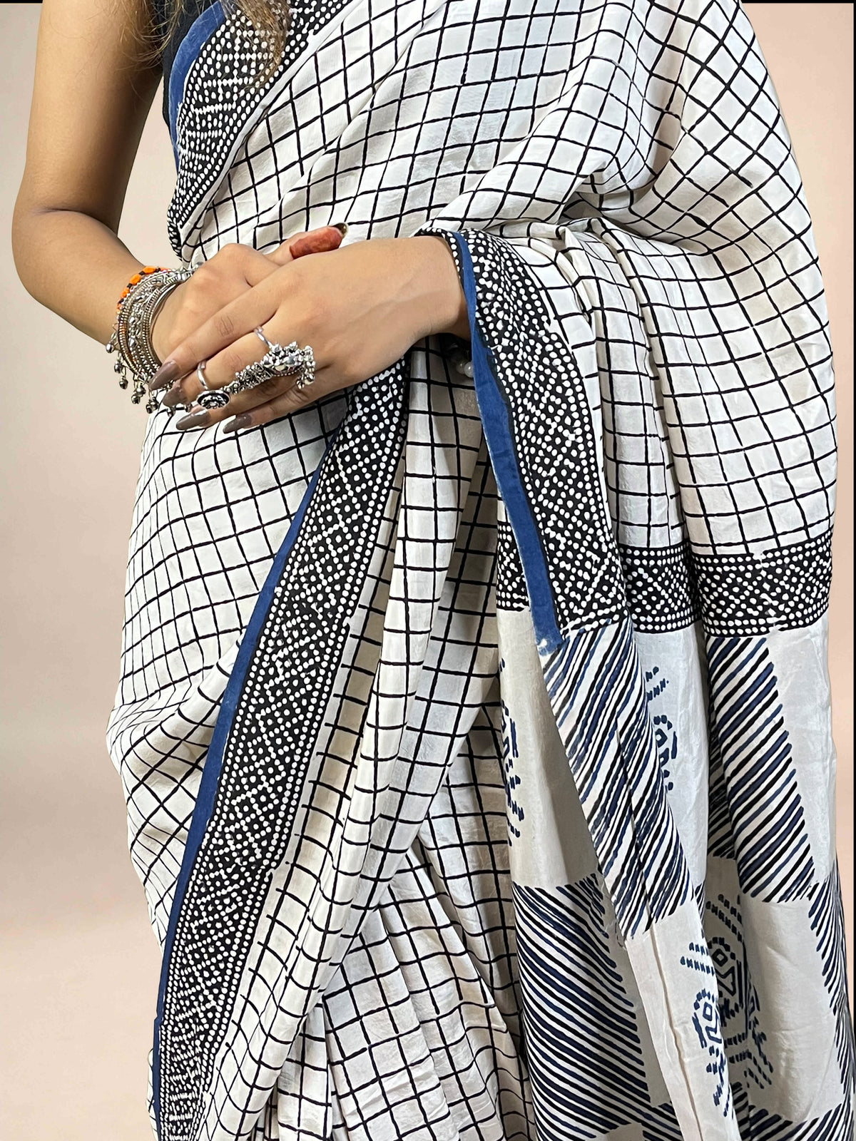 White Fakira Assam Silk Handblock Printed Saree