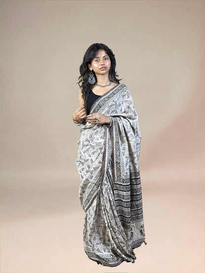 White Fakira Assam Silk Handblock Printed Saree