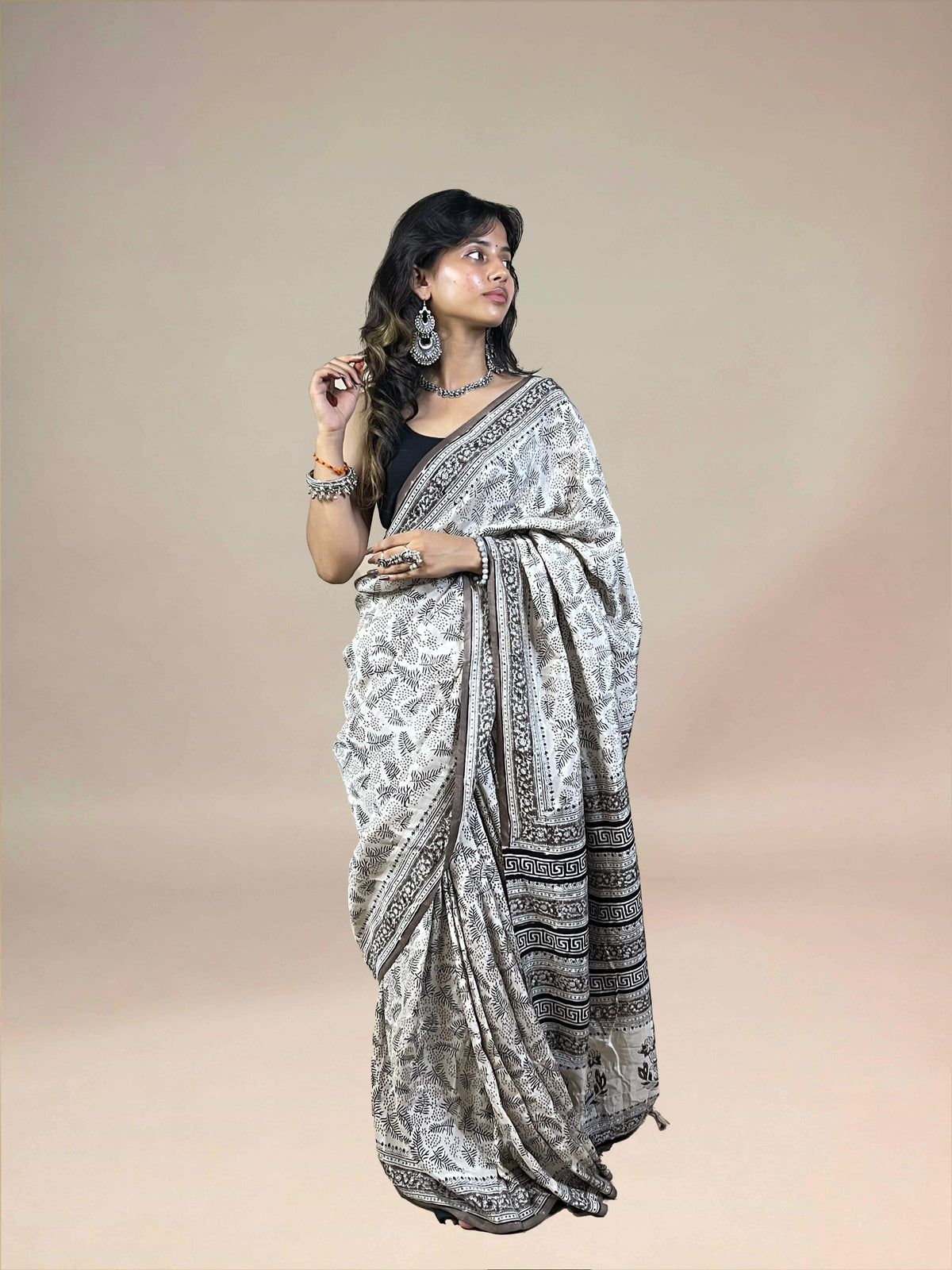 White Fakira Assam Silk Handblock Printed Saree