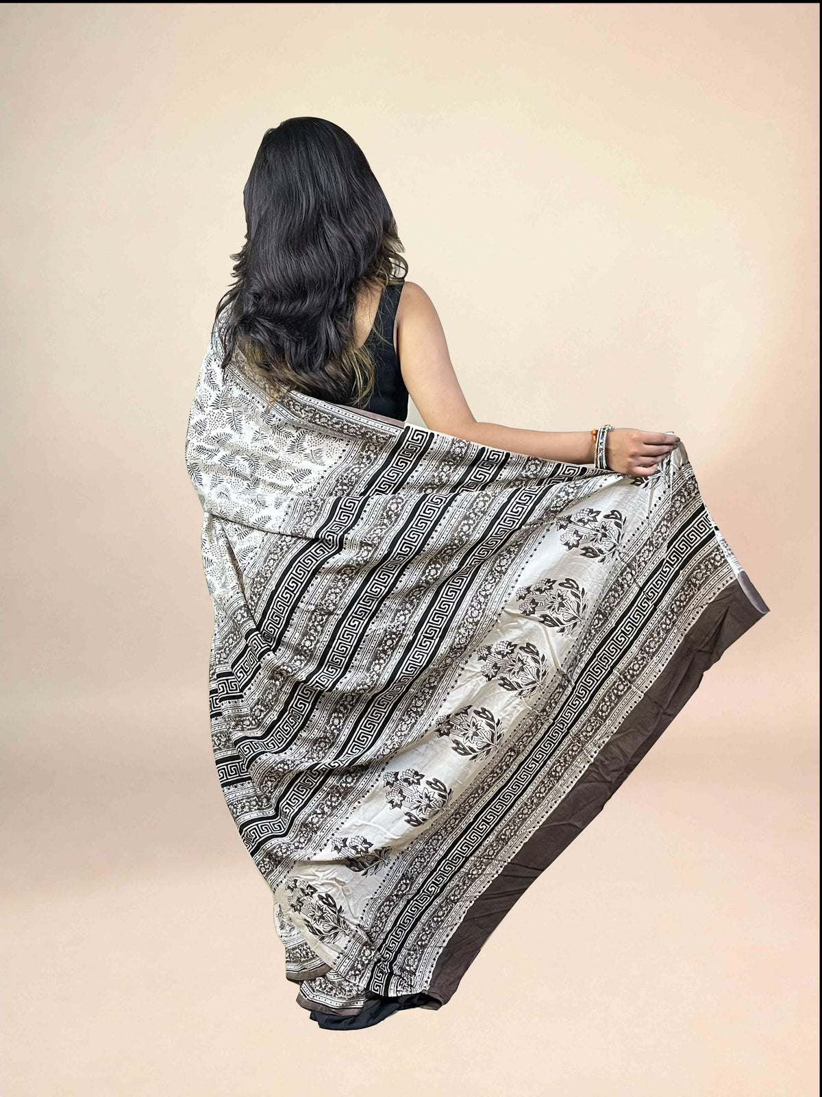 White Fakira Assam Silk Handblock Printed Saree