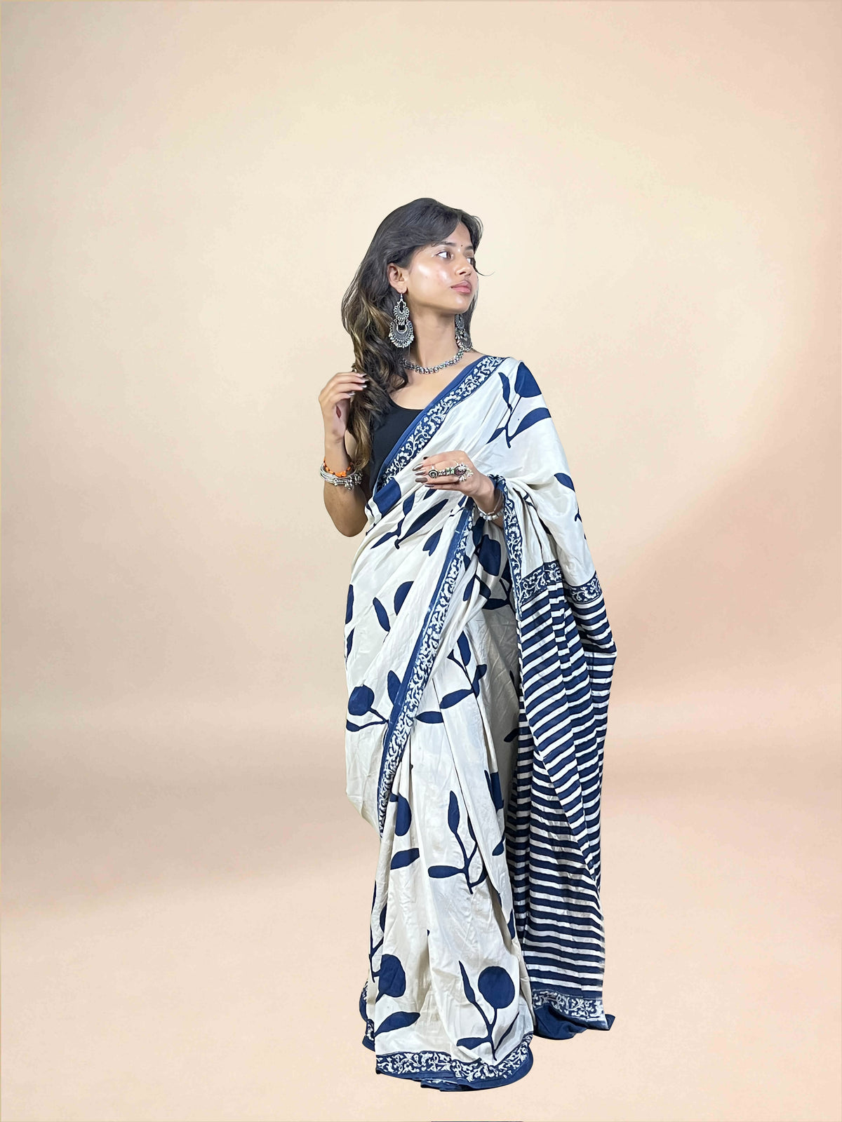 White Fakira Assam Silk Handblock Printed Saree