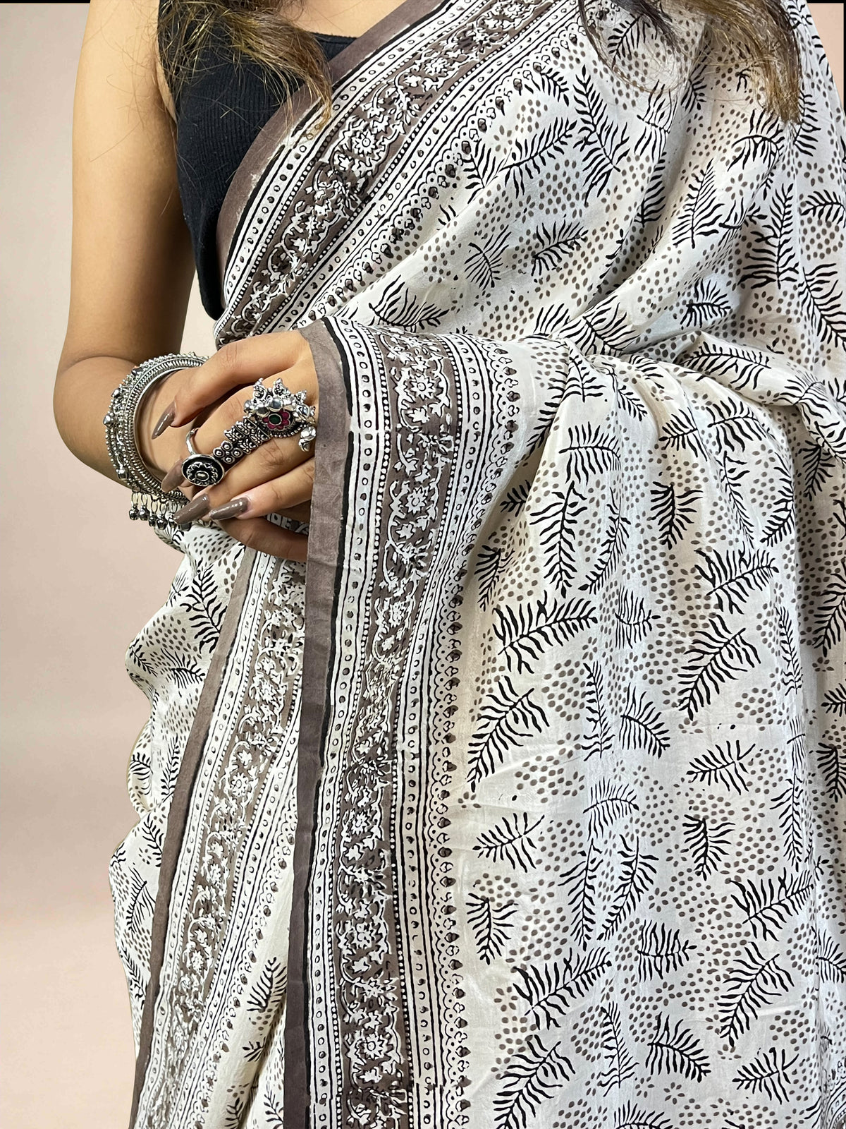 White Fakira Assam Silk Handblock Printed Saree