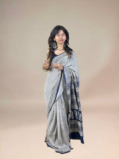 White Fakira Assam Silk Handblock Printed Saree