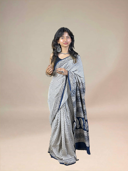 White Fakira Assam Silk Handblock Printed Saree