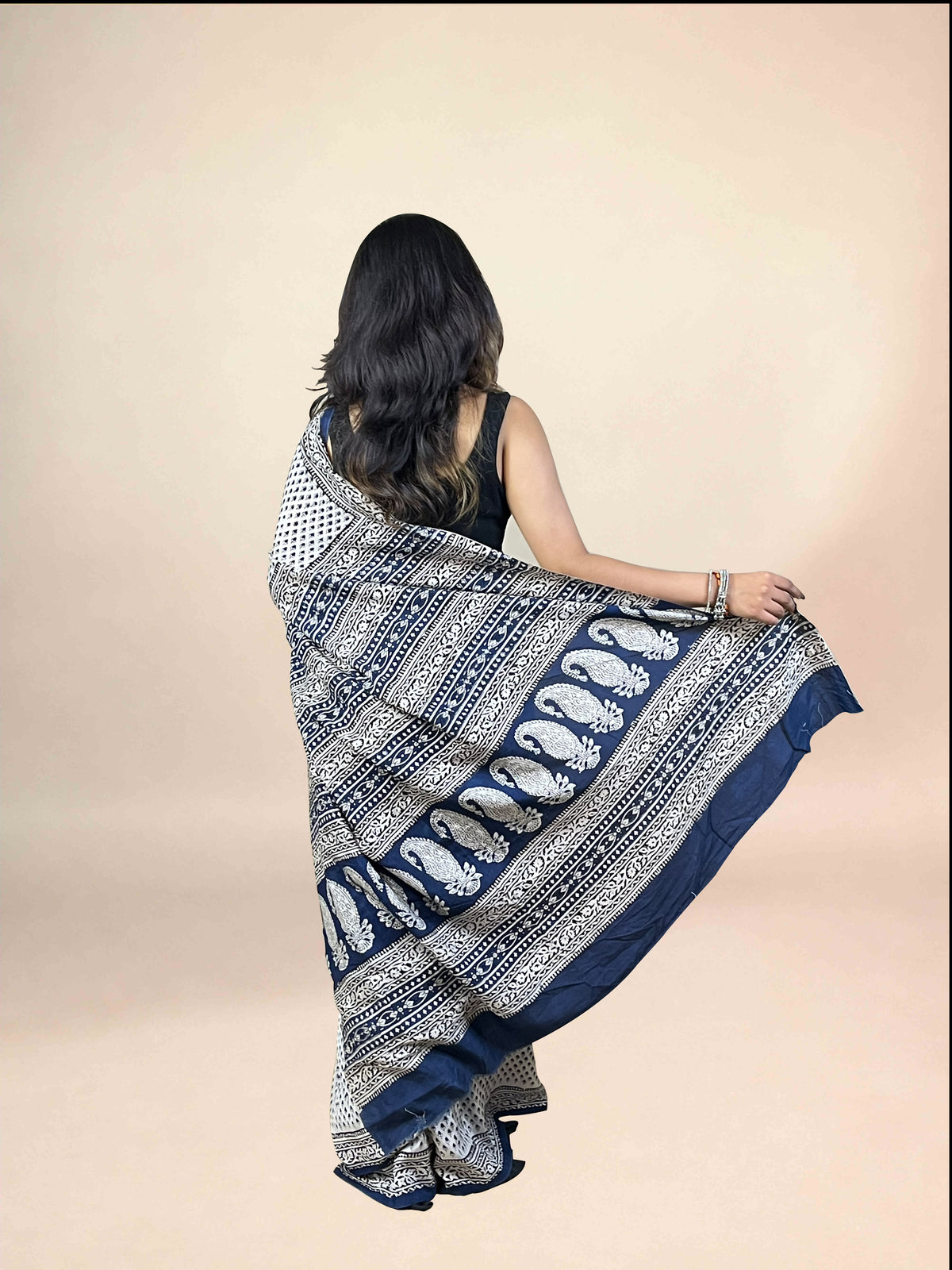 White Fakira Assam Silk Handblock Printed Saree