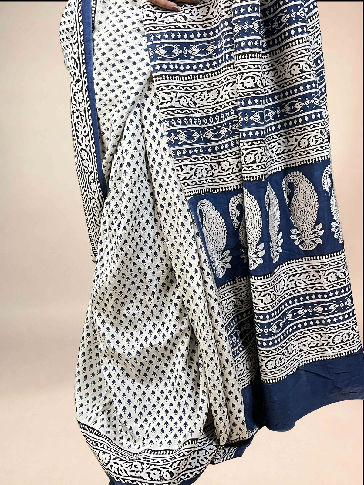 White Fakira Assam Silk Handblock Printed Saree