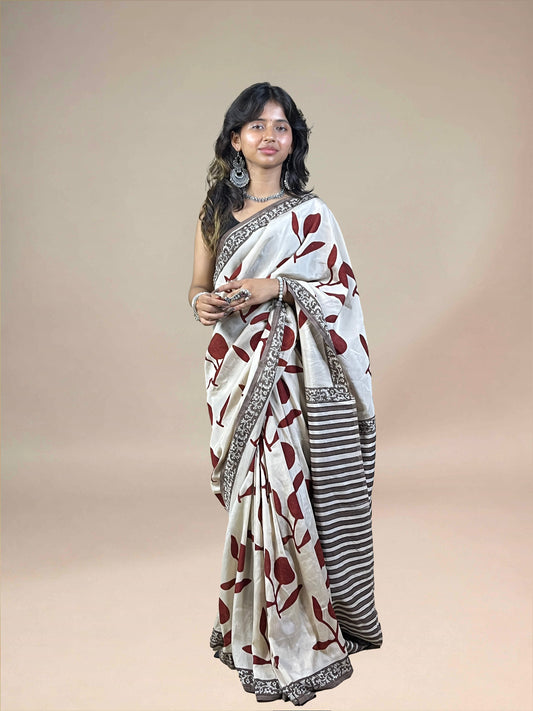 White Fakira Assam Silk Handblock Printed Saree
