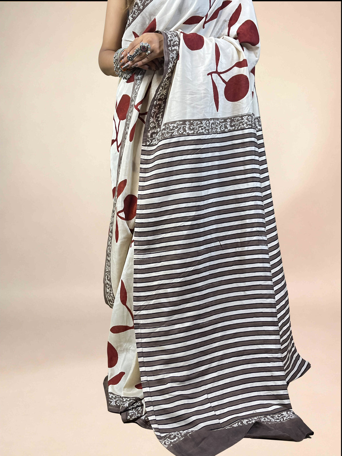 White Fakira Assam Silk Handblock Printed Saree