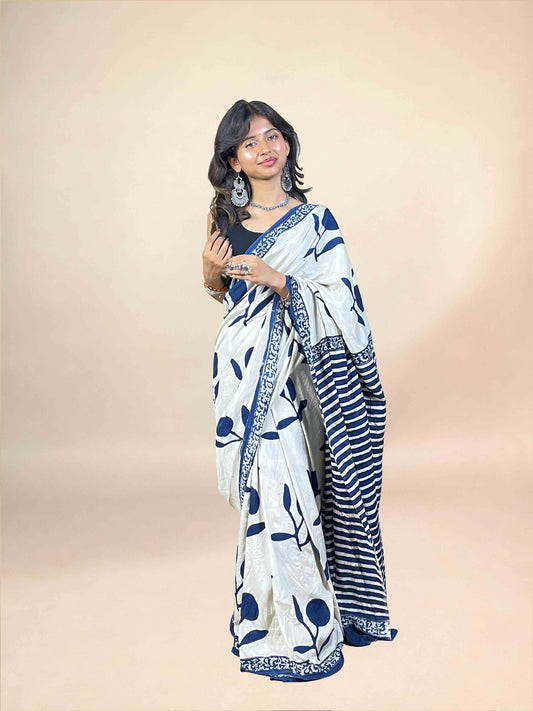 White Fakira Assam Silk Handblock Printed Saree