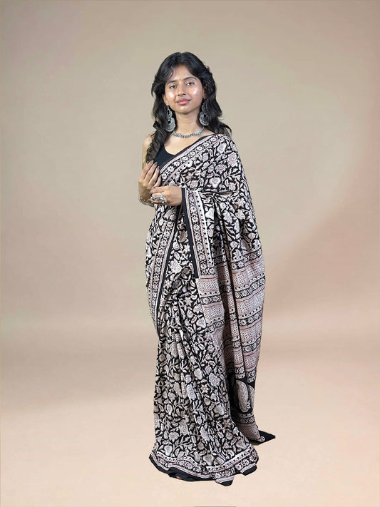 Black Fakira Assam Silk Handblock Printed Saree