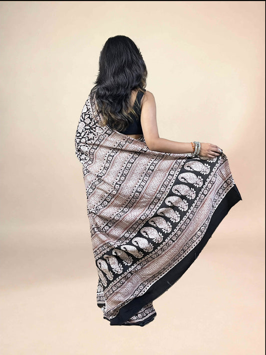 Black Fakira Assam Silk Handblock Printed Saree