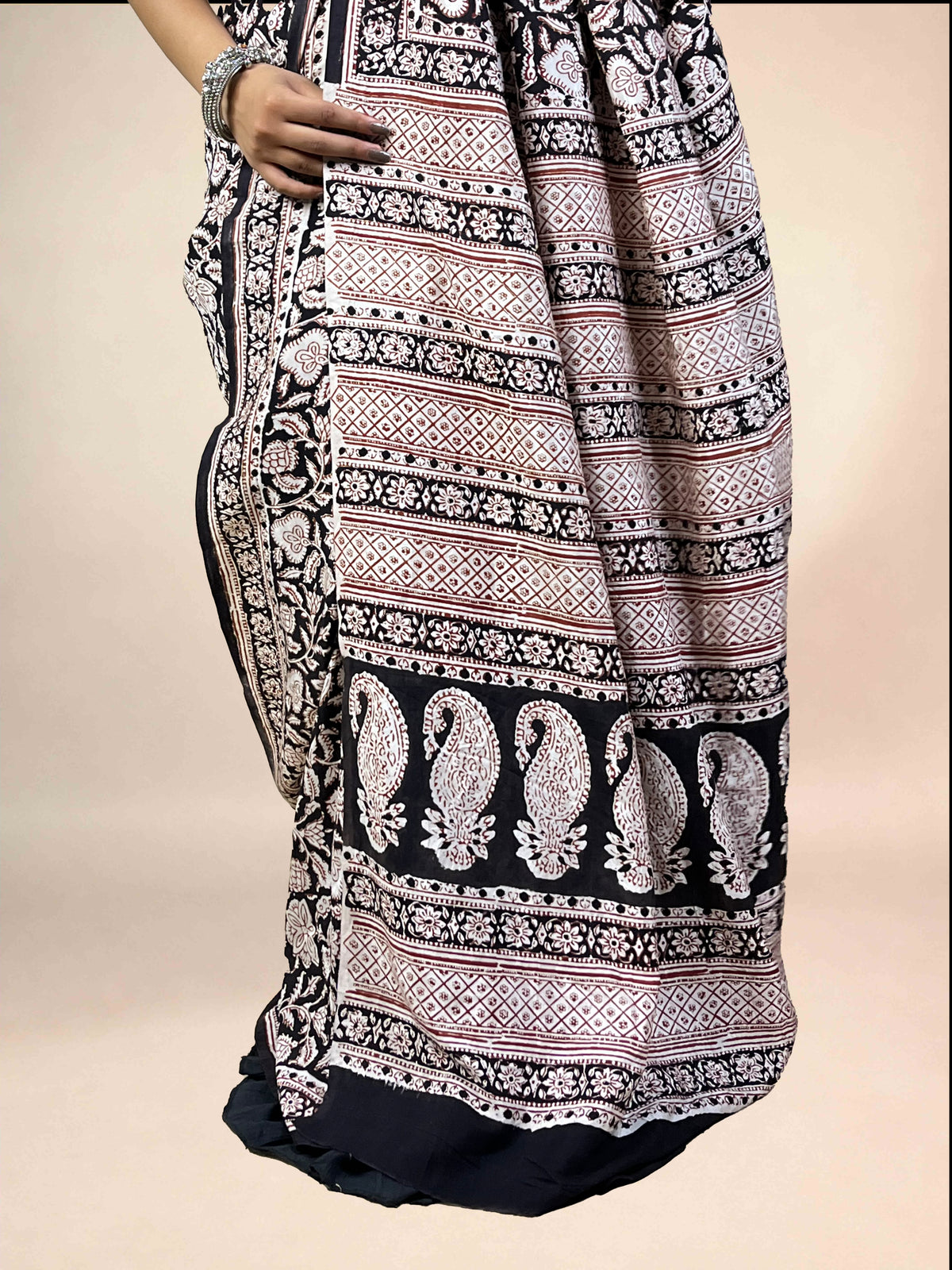Black Fakira Assam Silk Handblock Printed Saree