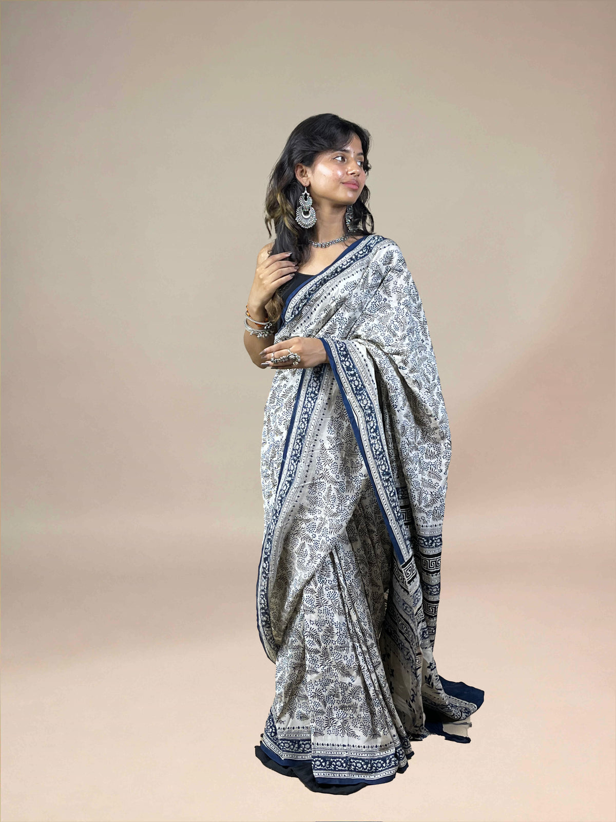 White Fakira Assam Silk Handblock Printed Saree