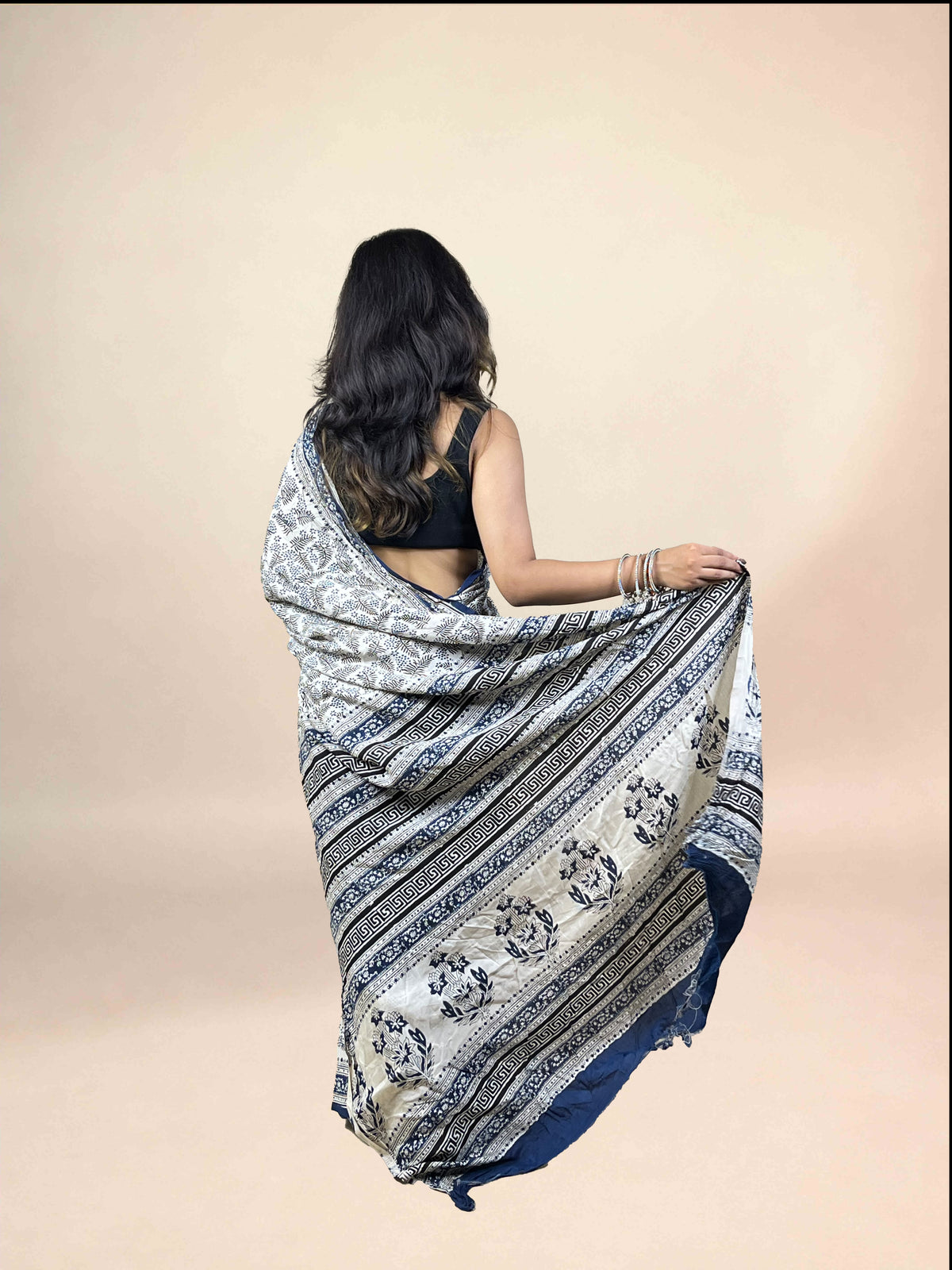 White Fakira Assam Silk Handblock Printed Saree
