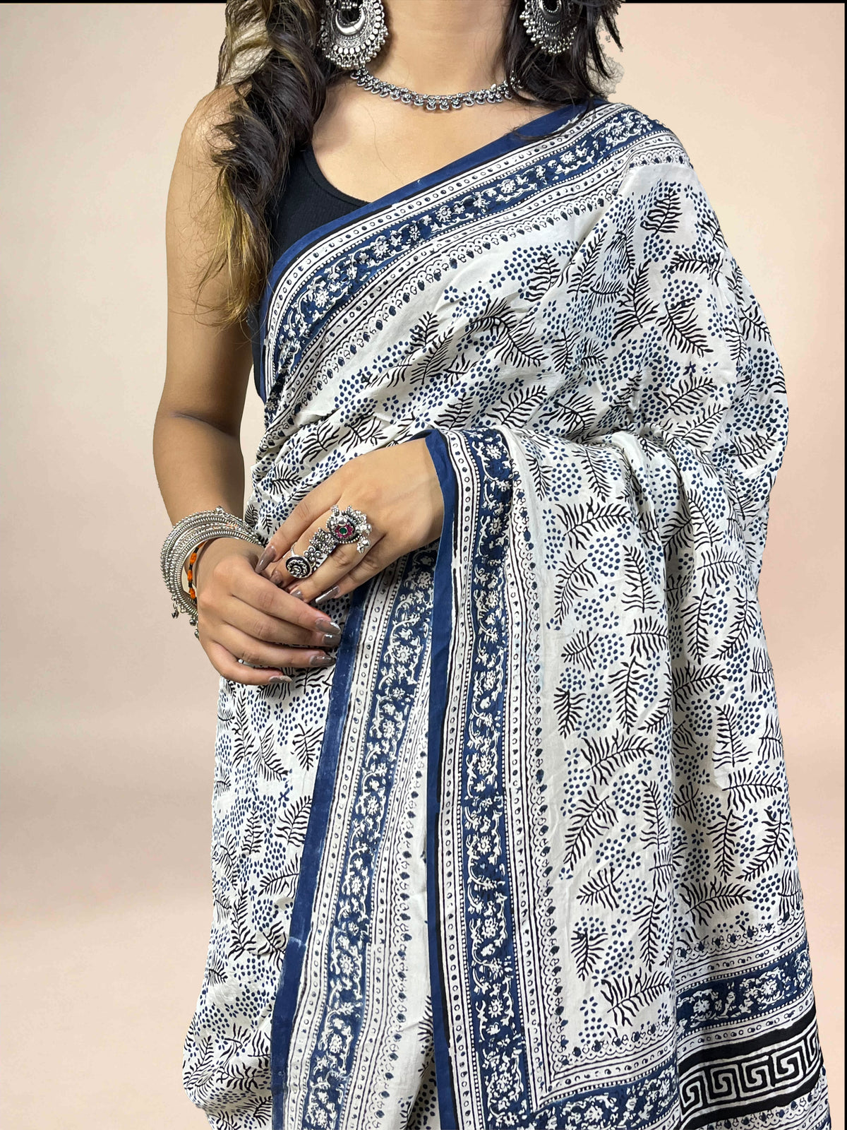 White Fakira Assam Silk Handblock Printed Saree
