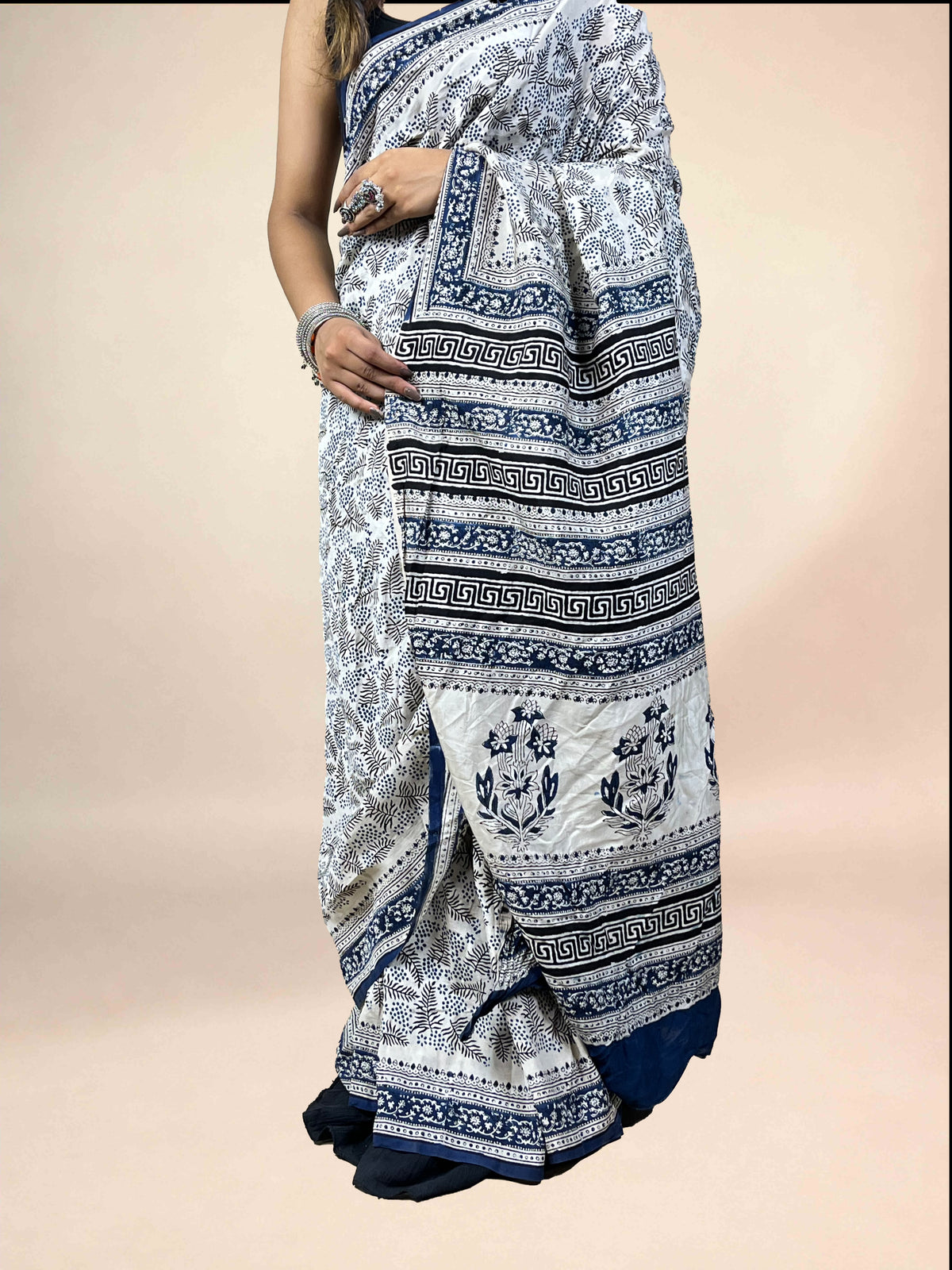 White Fakira Assam Silk Handblock Printed Saree