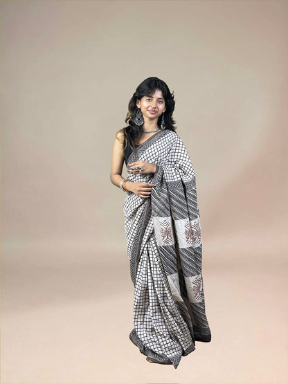 White Fakira Assam Silk Handblock Printed Saree