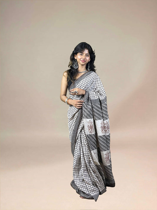 White Fakira Assam Silk Handblock Printed Saree