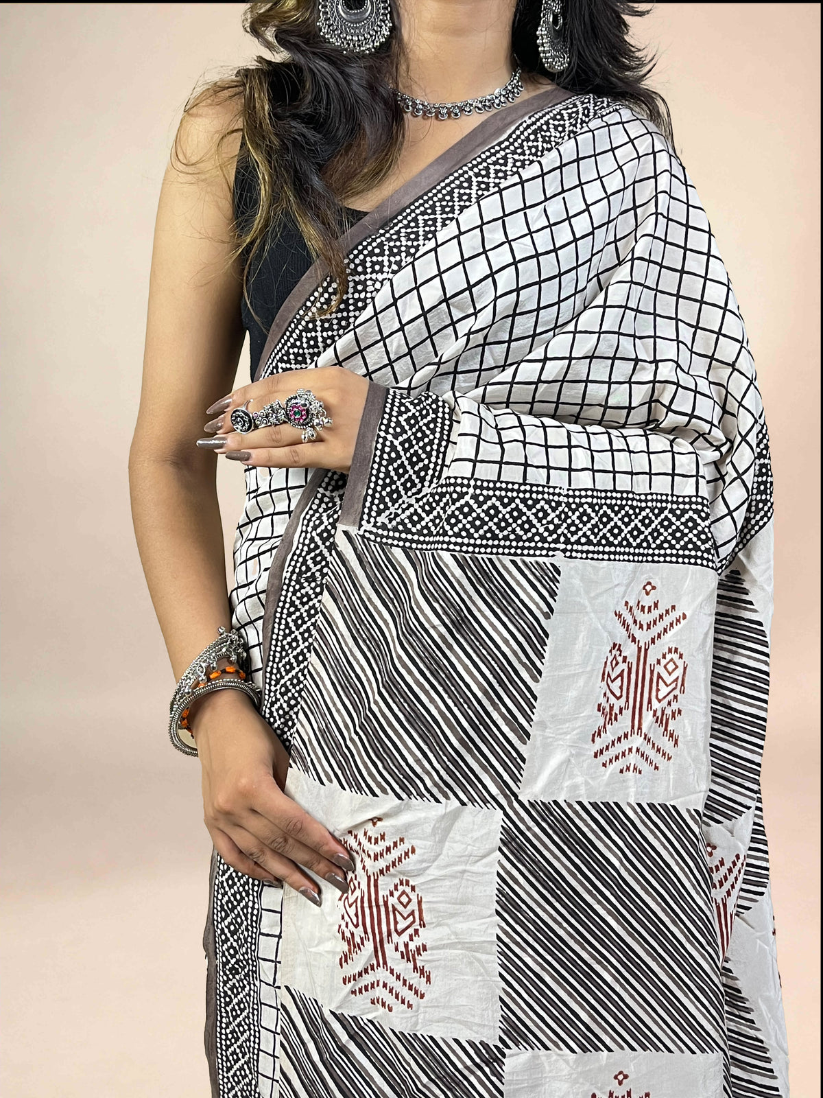 White Fakira Assam Silk Handblock Printed Saree