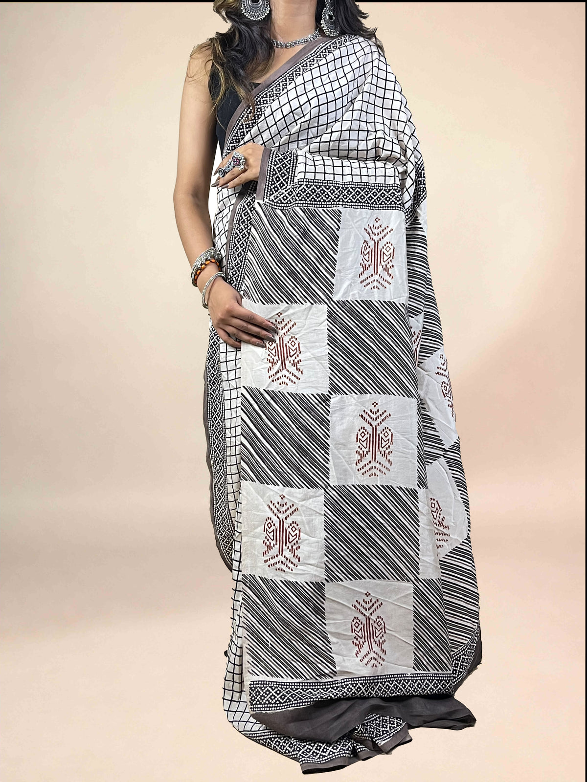 White Fakira Assam Silk Handblock Printed Saree