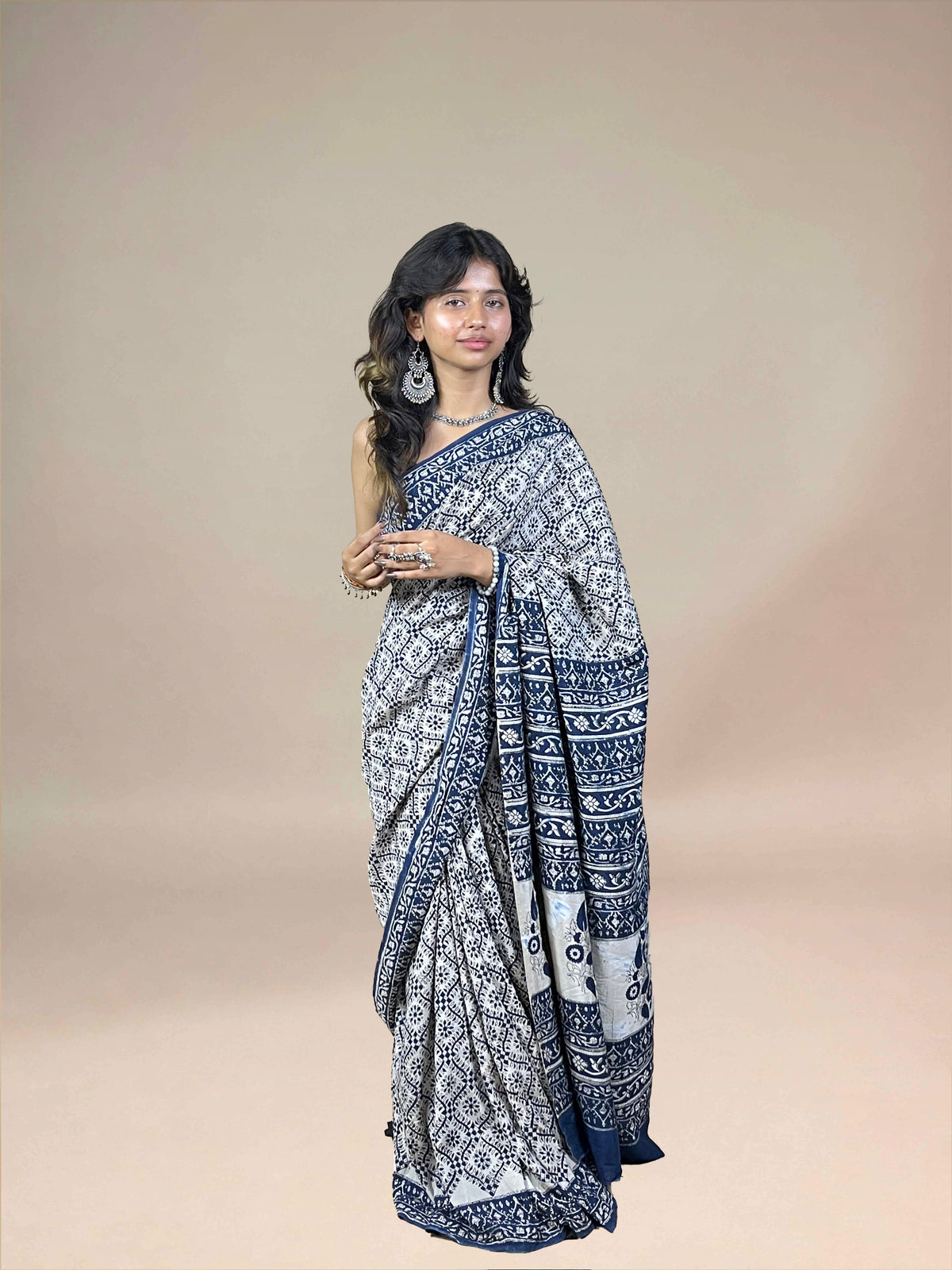 Navy Blue  Fakira Assam Silk Handblock Printed Saree