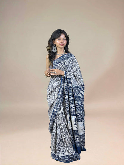 Navy Blue  Fakira Assam Silk Handblock Printed Saree