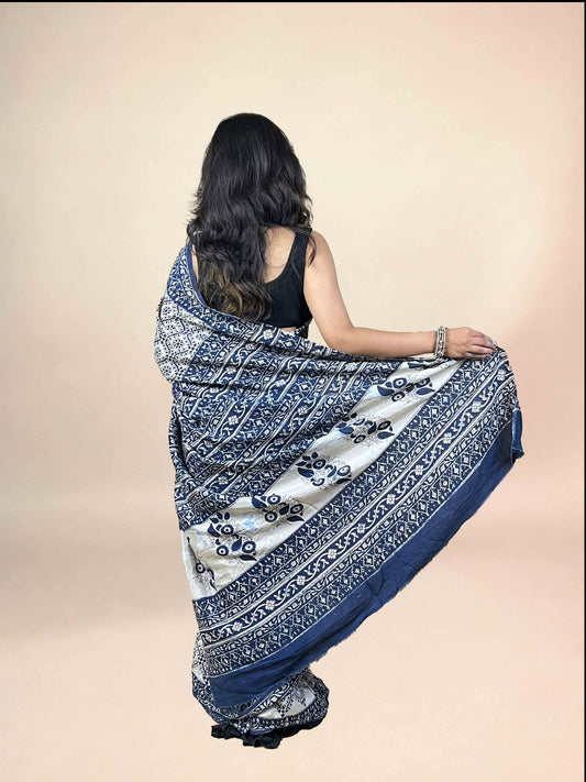 Navy Blue  Fakira Assam Silk Handblock Printed Saree