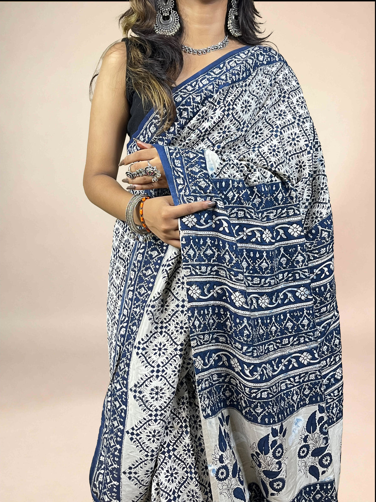 Navy Blue  Fakira Assam Silk Handblock Printed Saree