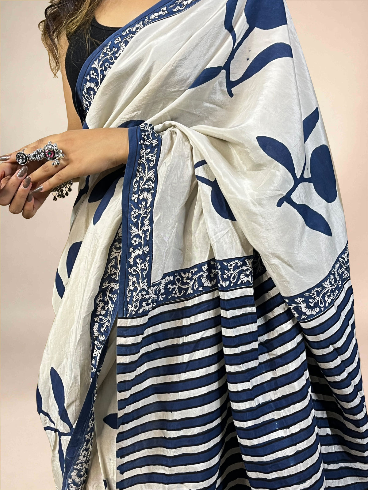 White Fakira Assam Silk Handblock Printed Saree