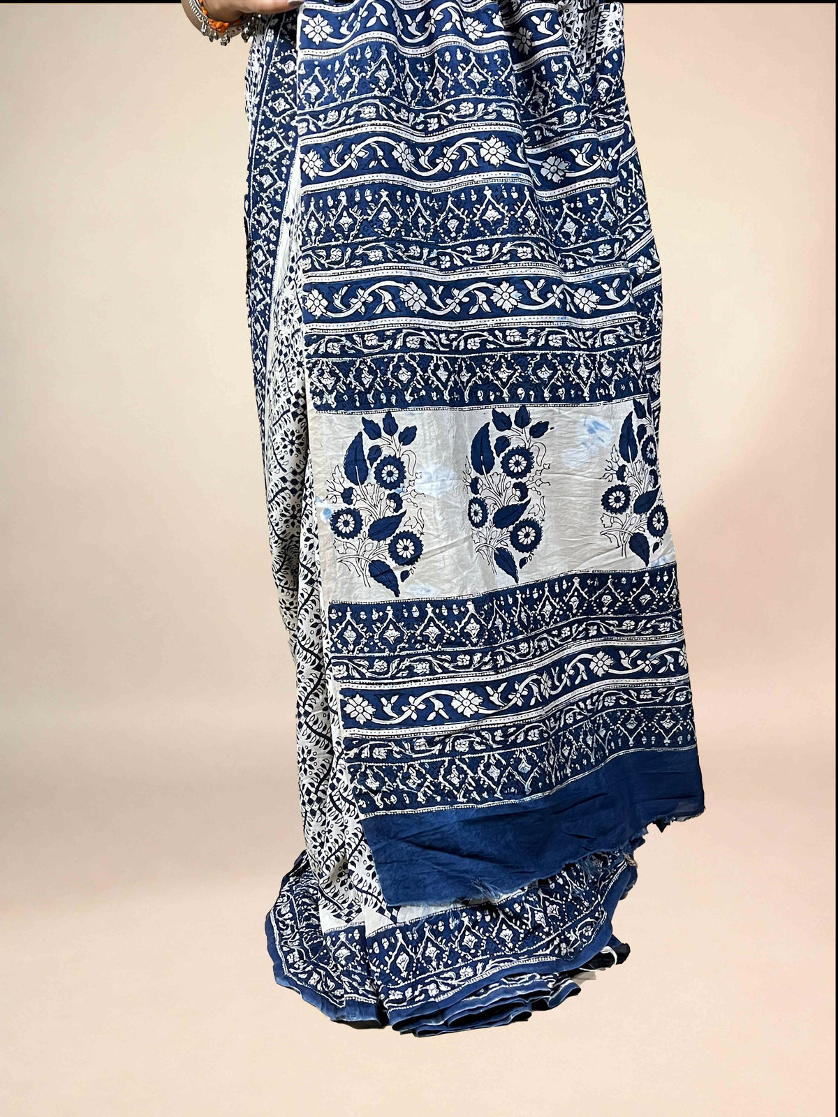 Navy Blue  Fakira Assam Silk Handblock Printed Saree