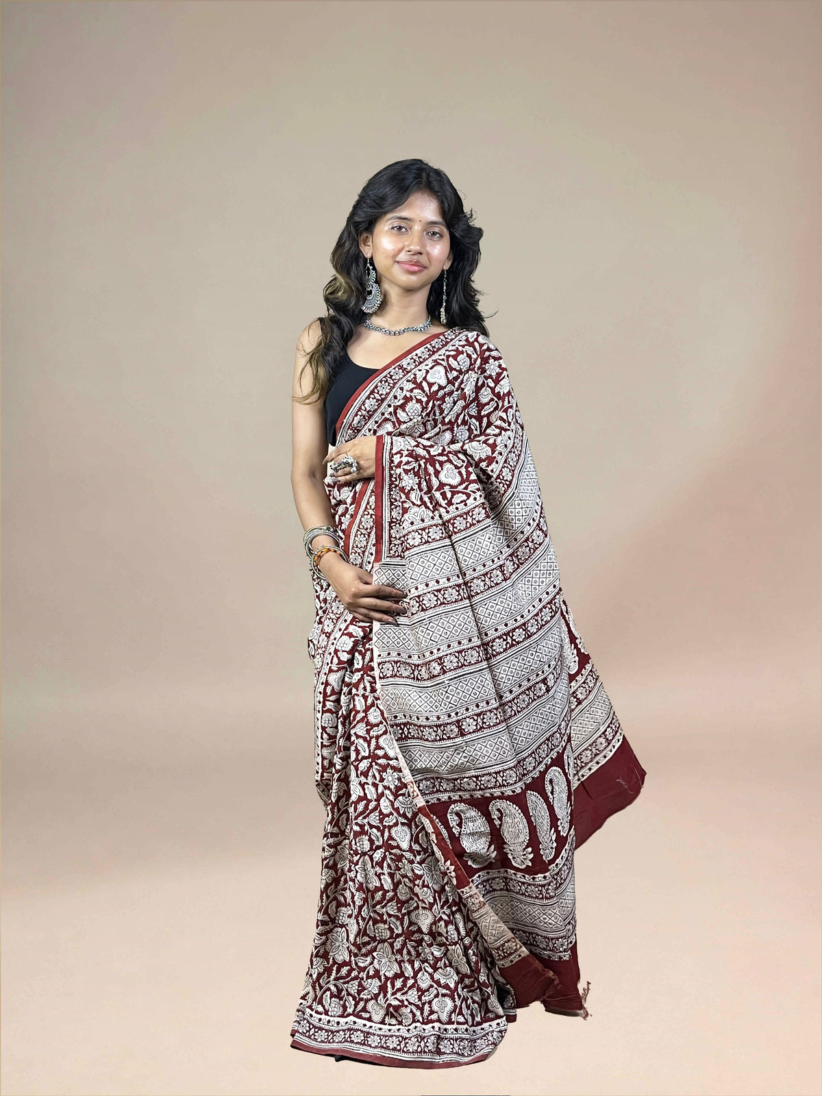 Maroon Fakira Assam Silk Handblock Printed Saree