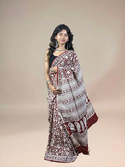 Maroon Fakira Assam Silk Handblock Printed Saree
