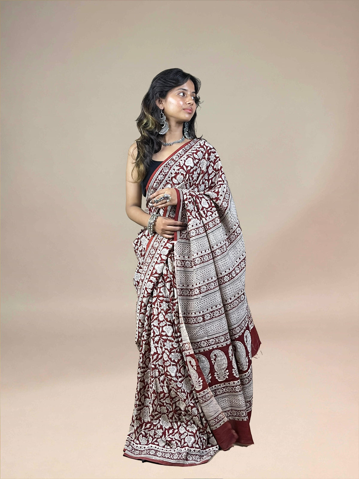 Maroon Fakira Assam Silk Handblock Printed Saree